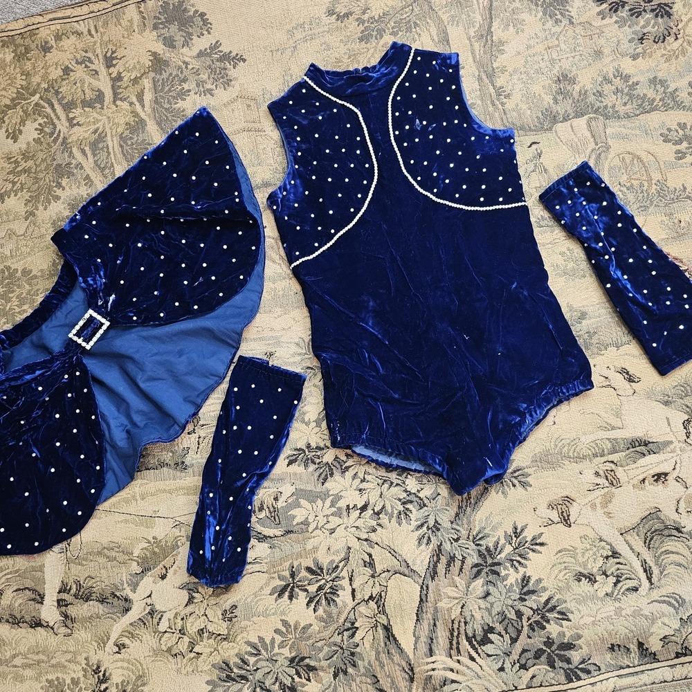 Vintage Rich Blue Silk Velvet Show Girl Costume 1950s Cape, Leotard, Arm Warmers